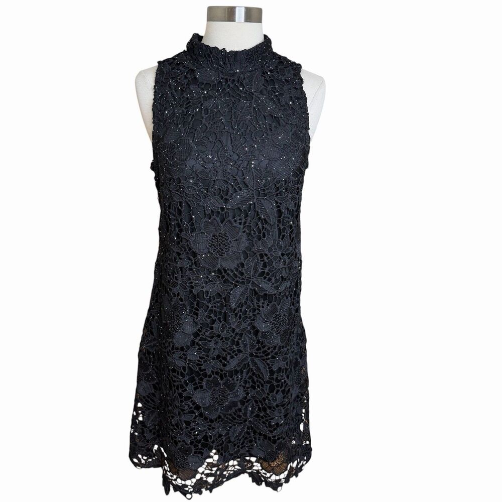 Signature Robbie Bee Black Lace Dress 10P Floral Mock Neck Sparkle Cocktail Bow